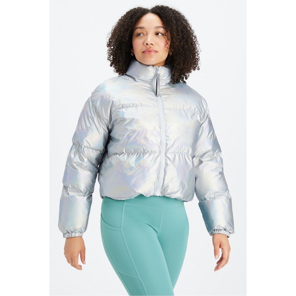Fabletics Puffer Jacket Womens Sz S Holographic Silver Cropped Insulated Ski